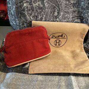 Hermes small red canvas cosmetic pouch with gunmetal chain strap and dust bag